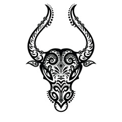 The bull in the ethnic style. Indian motifs. Vector graphics for Tattoos. Happy new year to 2021. Taurus as a symbol of the zodiac. The outline of the bull.