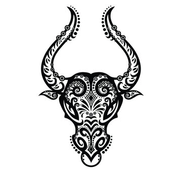 The bull in the ethnic style. Indian motifs. Vector graphics for Tattoos. Happy new year to 2021. Taurus as a symbol of the zodiac. The outline of the bull.