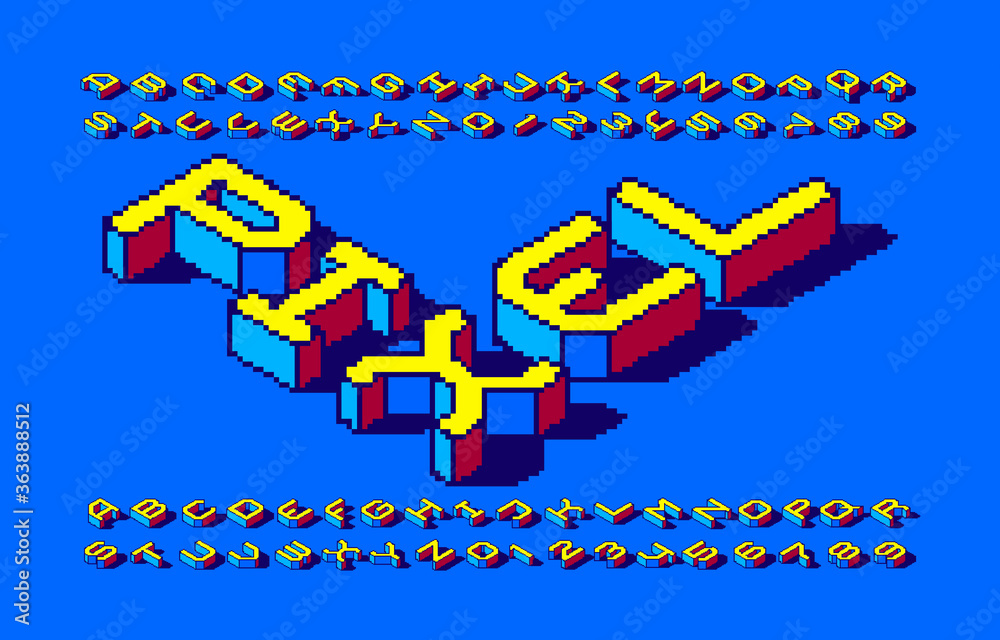 Fototapete pixel isometric alphabet font. 3d letters and numbers with shadow. 80s arcade video game typescript.