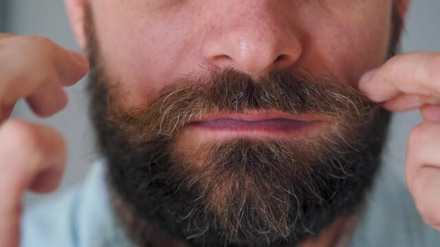 Part of the face of a man who twists his mustache and smooth luxuriant beard