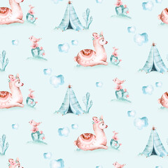 Watercolor painting seamless pattern with white cute llama animal. Llamas cartoon america. Boho cactus textile design, Baby girl decoration, baby shower art © kris_art