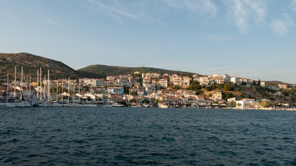 Fototapeta na wymiar Samos island. Greece. Sea and pythagorion village background. with collorful boats