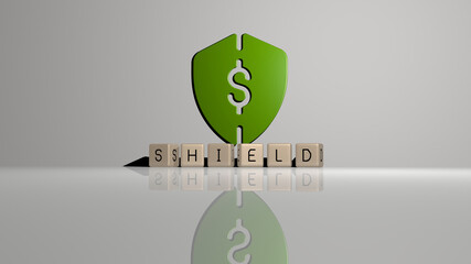 3D graphical image of SHIELD vertically along with text built by metallic cubic letters from the top perspective, excellent for the concept presentation and slideshows. illustration and icon