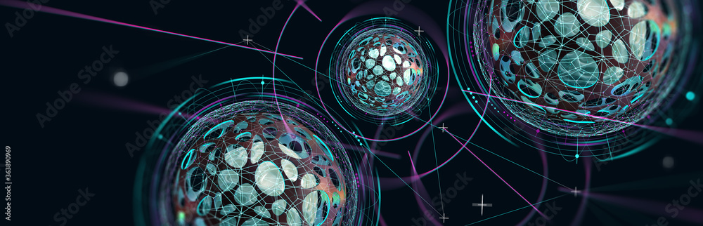 Poster High technology, nanostructures and digital universe. 3D illustration of cyberspace and global database in computer systems of future
