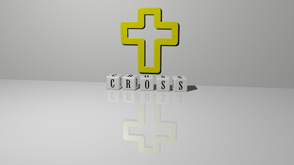 3D graphical image of cross vertically along with text built by metallic cubic letters from the top perspective, excellent for the concept presentation and slideshows. illustration and background