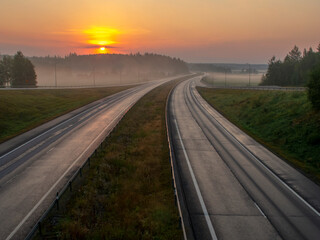 Highway in Finland at sunrise