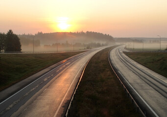Highway in Finland at sunrise