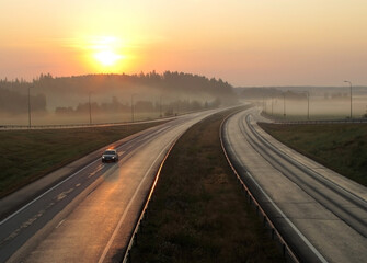 Highway in Finland at sunrise