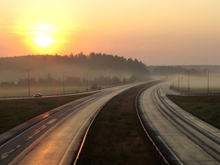 Highway in Finland at sunrise