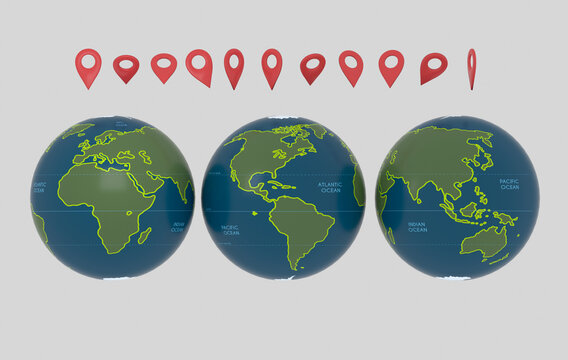 World Map Globe Mundi and location icon. 3d illustration. Isolated.World map.