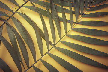 Tropical exotic palm leaves on the yellow background.