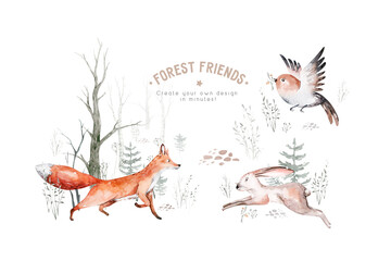 Waldtiere gesetzt. Eule, Igel, Fuchs und Schmetterling, Hasenset aus Waldeichhörnchen und Streifenhörnchen, Bären- und Vogelbabytier, skandinavisches Kindergarten-Wolf-Aquarell-Poster-Design © kris_art
