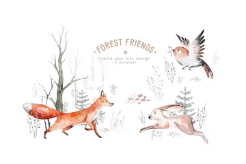 Waldtiere gesetzt. Eule, Igel, Fuchs und Schmetterling, Hasenset aus Waldeichhörnchen und Streifenhörnchen, Bären- und Vogelbabytier, skandinavisches Kindergarten-Wolf-Aquarell-Poster-Design © kris_art