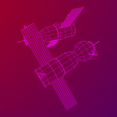 Space station communications satellite. Wireframe low poly mesh vector illustration.