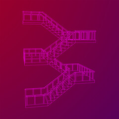 Wireframe stairs, interior staircases steps with railing. Wireframe low poly mesh vector illustration.
