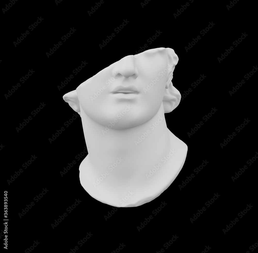 Poster fragment of broken colossal head sculpture in classical antique style isolated on black background i