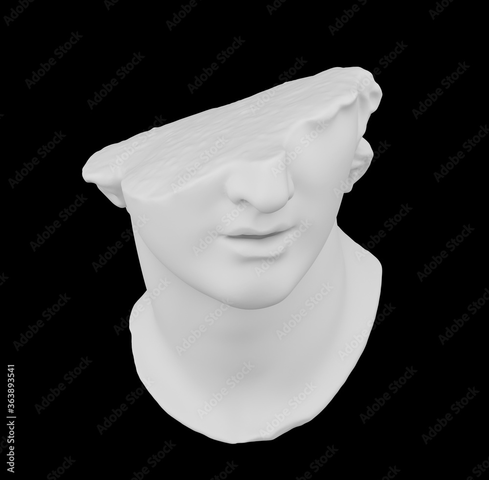 Poster fragment of broken colossal head sculpture in classical antique style isolated on black background i