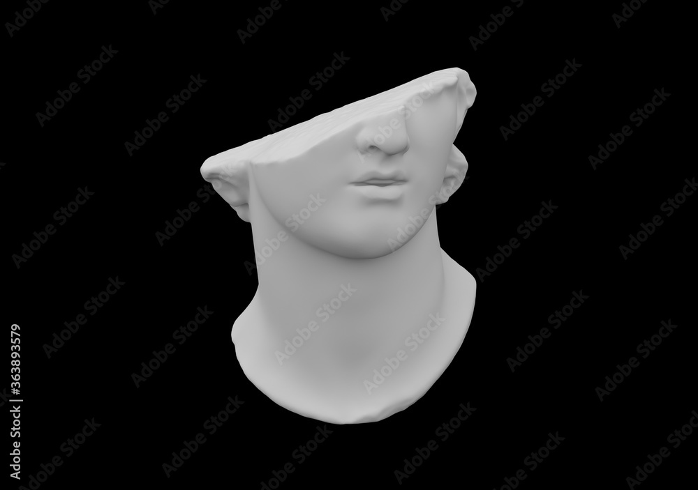 Poster fragment of broken colossal head sculpture in classical antique style isolated on black background i
