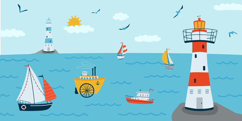 Obraz na płótnie Canvas Horizontal background with seascape in flat style . Summer banner with ships, a lighthouse, boat. Vector illustration