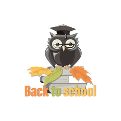 Back to school. Owl, books and autumn leaves. Vector icon. Design for emblem, poster, notebook cover. 