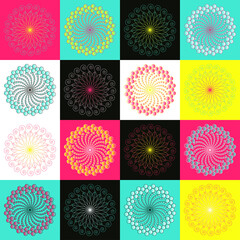 mandala set sixteen curly bubbles flowers pop shades