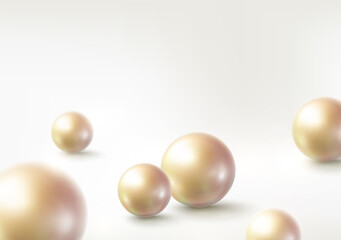 Pearl glossy beads elegant background. Golden perl balls banner. Vector 3d jewellery spheres or shiny cosmetic capsules