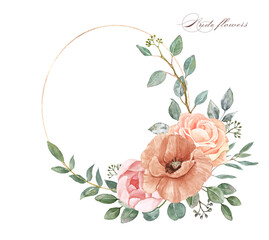 Beautiful floral wreath with nude flowers bouquet and rose gold hoop. Watercolor hand painted illustration. Arrangement filled with light pink poppy, rose, peony and sage green eucalyptus leaves.