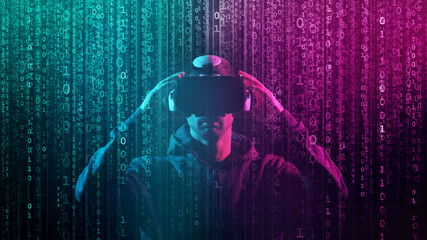 Portrait of a man in virtual reality helmet over abstract digital background. Obscured dark face in...