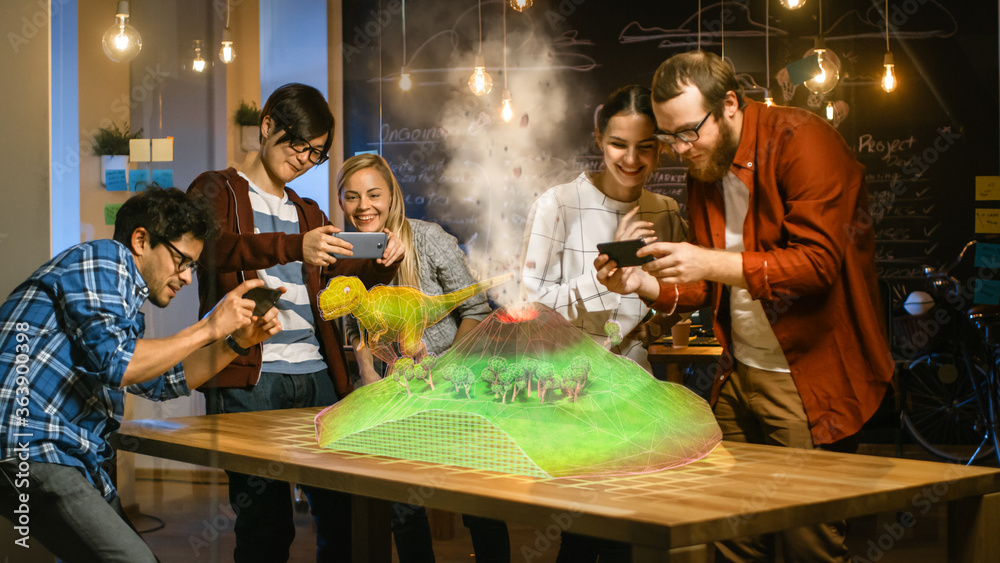 Poster Group of Young Developers Look at Dinosaur and Volcano Eruption in Augmented Reality Through Smartphone. They're Working on the New Virtual Reality Game or Studying History and Geology.
