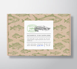 Fish Pattern Realistic Cardboard Box with Banner. Abstract Vector Packaging Design or Label. Modern Typography, Hand Drawn Catfish Silhouette. Craft Paper Background Layout.