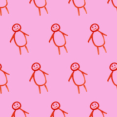 Seamless pattern with doodle man on pink board. Children's cute illustration. Cartoon style baby print. Creative kids texture for fabric, wrapping, textile, wallpaper, apparel