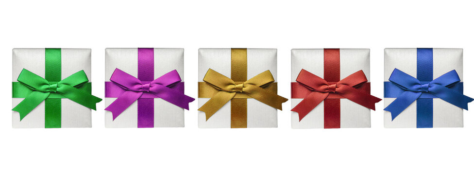 Small different color gift boxes isolated on white background. Five holiday boxes  with ribbon bows