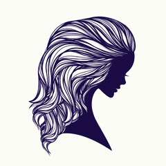 Hair salon illustration.Beautiful woman portrait silhouette.Long, wavy hair flowing.Profile view.Cosmetics and spa icon isolated on light background.