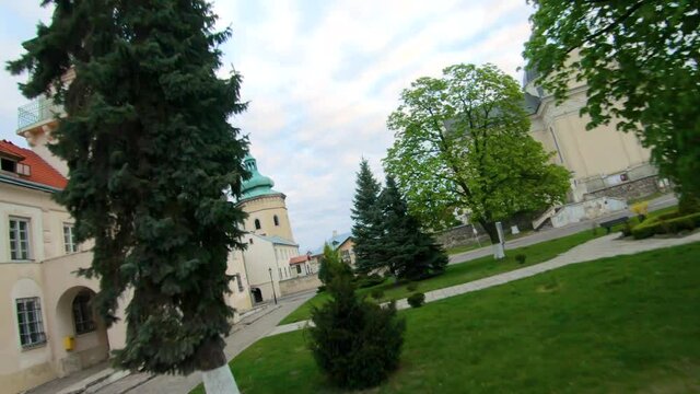 Aerial view of the historical center of Zhovkva, Lviv region, Ukraine. Shooting with FPV drone