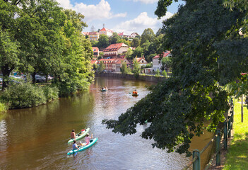 Fototapeta na wymiar Rafting on Vltava river. Cesky Krumlov, Czech republic