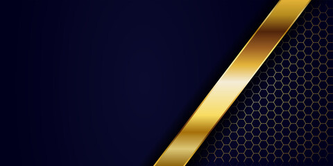 Luxury navy blue overlap background with realistic gold line and hexagon on shiny golden