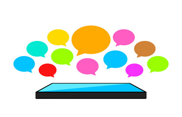 speech bubble colorful on smartphone screen, smart phone and speech bubble icon of social chat concept, dialog speech sign for copy space, talk conversation message symbol, isolated on white
