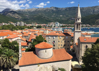 beauty, city, shot, from, above, emphasizes, beautiful, ornament, red, tiled, roofs, houses, historical, Montenegro, south, orange, sea, shingles, house, view, roof, travel, old, scenic,clouds