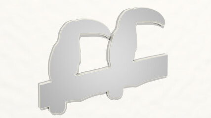 BIRD on the wall. 3D illustration of metallic sculpture over a white background with mild texture. animal and beautiful