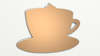 coffee made by 3D illustration of a shiny metallic sculpture on a wall with light background. cup and cafe