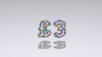 Colorful 3D writting of £ text with small objects over a white background and matching shadow