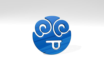 smiley dizzy made by 3D illustration of a shiny metallic sculpture casting shadow on light background. face and icon