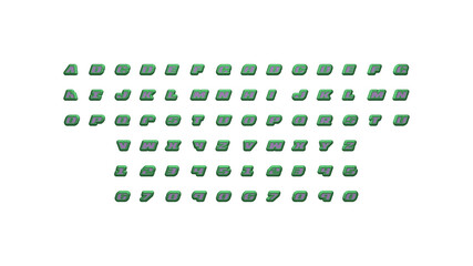 3D alphabets and numbers with matching perspectives on each side for building words with detailed calligraphy on a white background