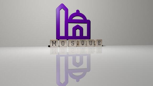 3D graphical image of MOSQUE vertically along with text built by metallic cubic letters from the top perspective, excellent for the concept presentation and slideshows. architecture and building