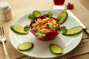 Low calories salad with vegetables and lemon juice, with olive oil.