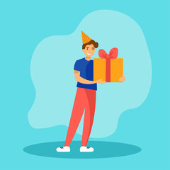 Young happy man holding a gift box with a big bow. Birthday present, reward or bonus for customer