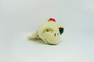Adorable little turtle toy with one eye selected on white background. Concept of inclusion and humanity.