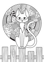 Doodle coloring book page cat and moon. Antistress zentangle for adults