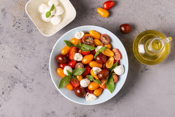 Italian caprese salad with tomatoes, mozzarella cheese, basil, olive oil.