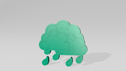 RAINING CLOUDS from a perspective on the wall. A thick sculpture made of metallic materials of 3D rendering. background and illustration
